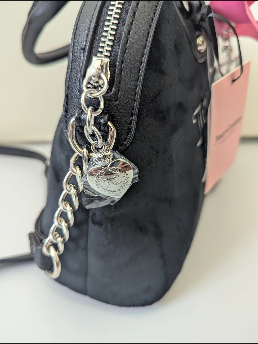 Juicy Couture Black Velvet Dome Satchel with Pink Bow Crown Charm Girlie Royalty